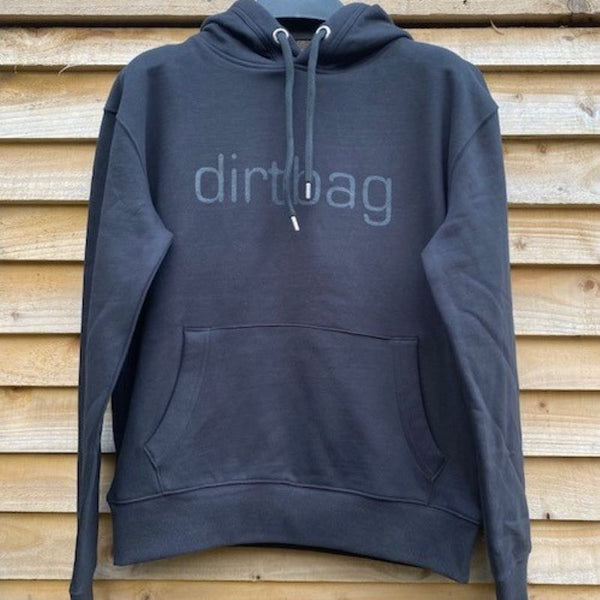 dirtbag logo black hoodie with front pocket and drawstring hood